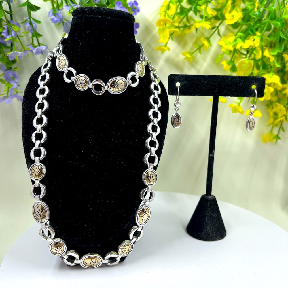 Carolina Herrera Authentic Dual Tone Engraved Necklace, Bracelet and Earring Set
